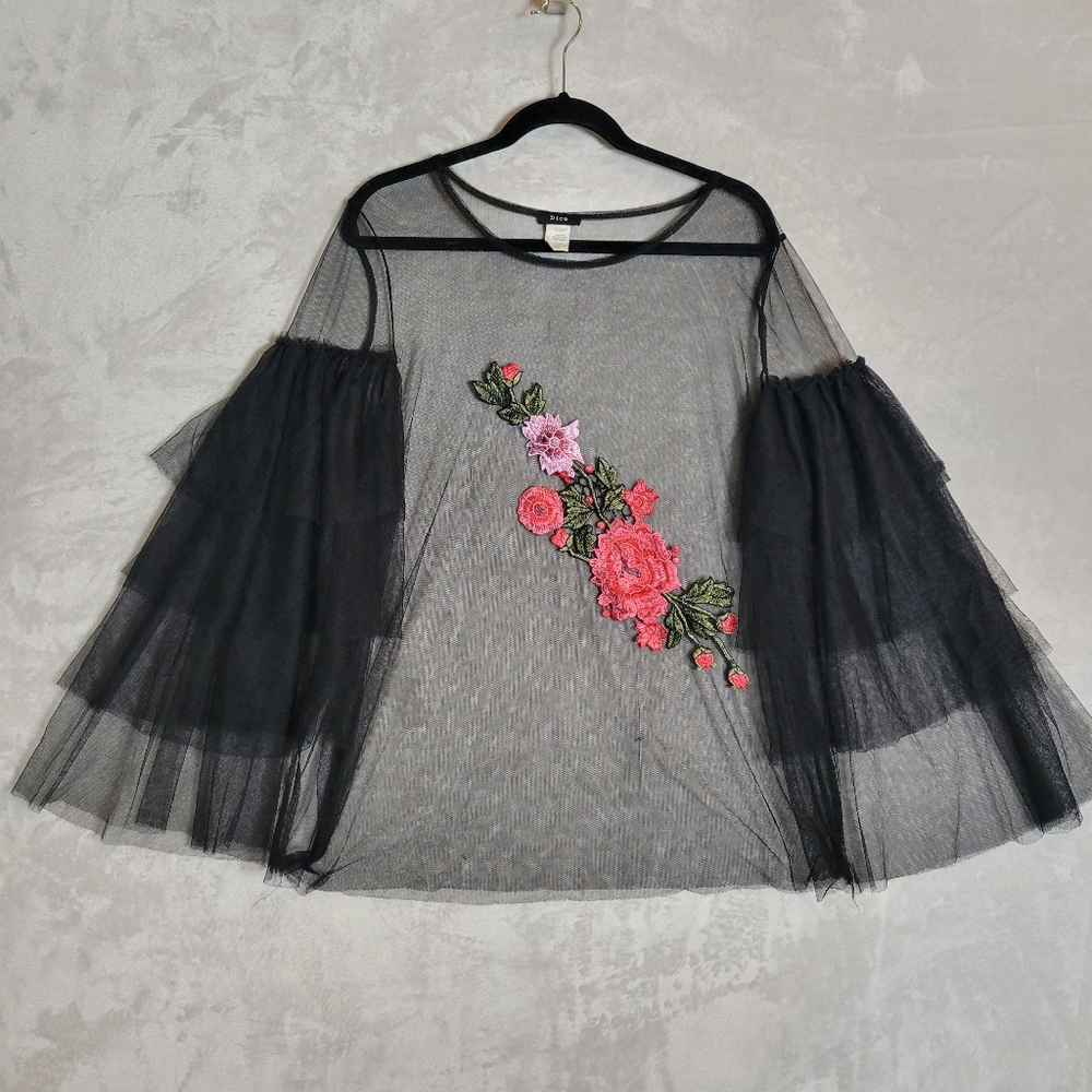 Vintage Black Whimsigoth Sheer Mesh Floral Applique Shirt 3X Tiered Sleeves
